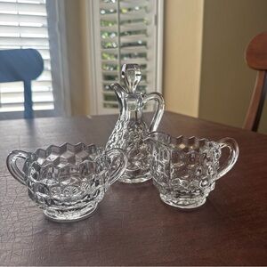 Vtg Fosteria American Cubist Pattern Glass Set Of Creamer, Sugar Bowl, & Cruet